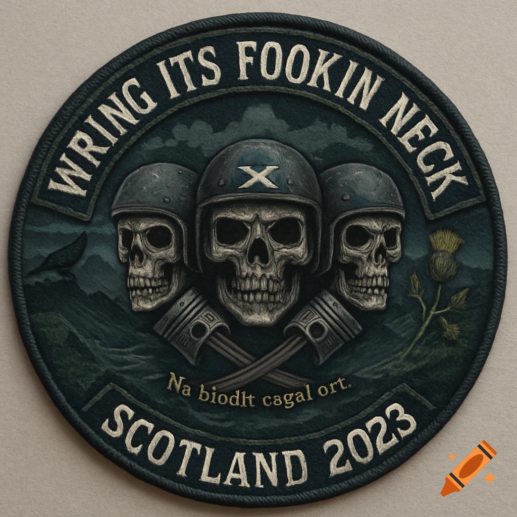 Circular patch with three skulls in helmets, crossed pistons, and text about Scotland.