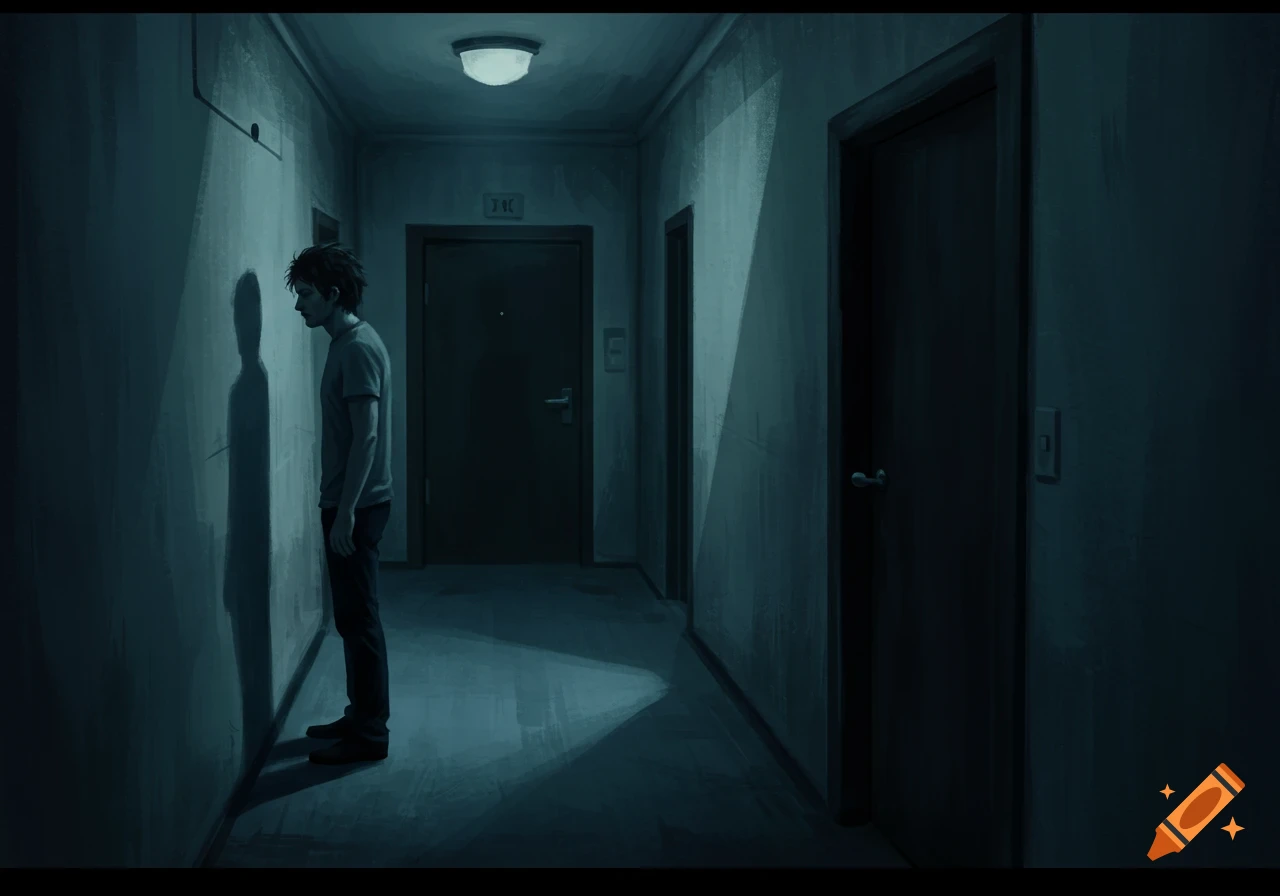 A man stands alone in a dark hallway, casting a long shadow, in a moody painted style.