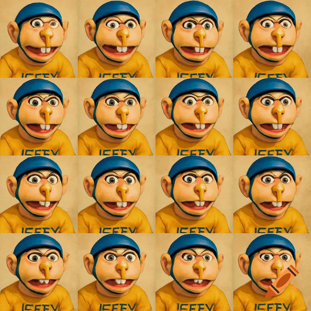 Grid of a puppet character with a blue helmet, yellow shirt, and pencil in its nose.