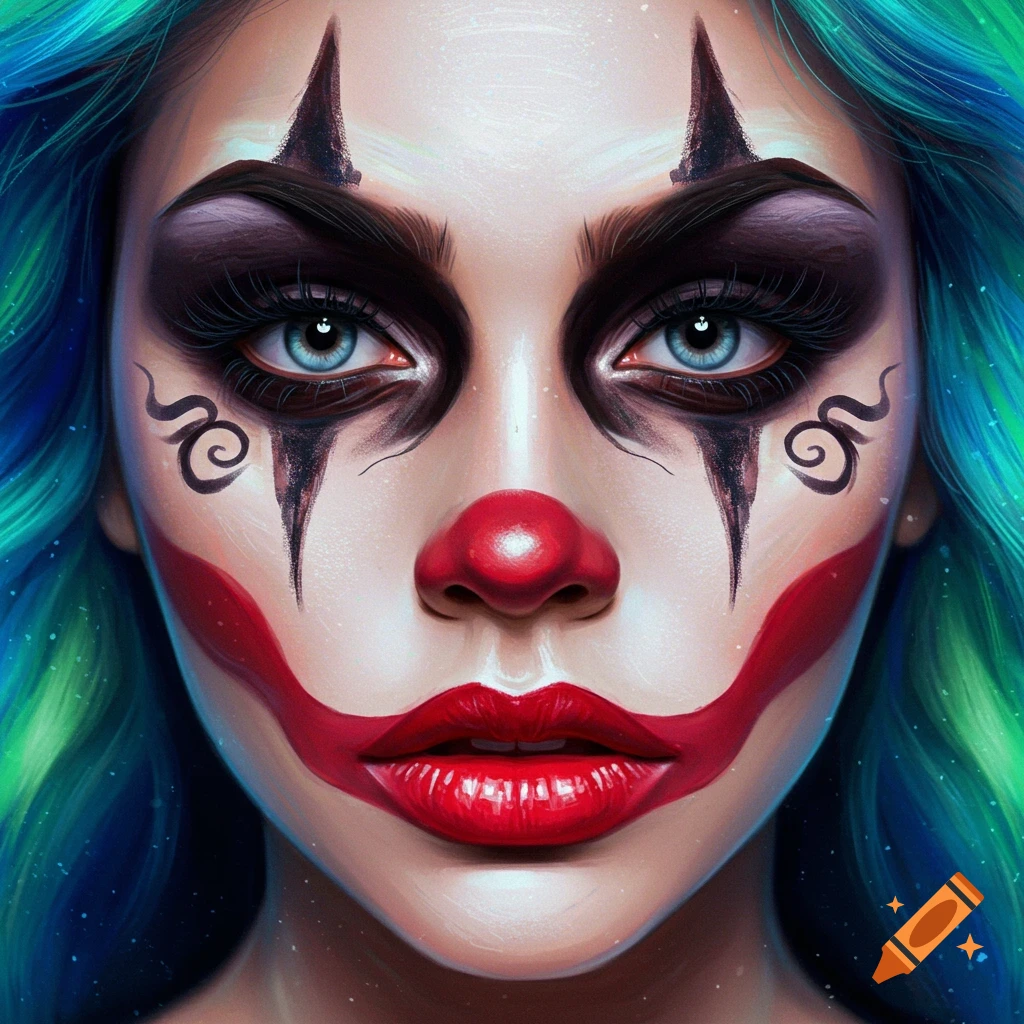 Close-up portrait of a person with dramatic clown makeup and bright blue-green hair.