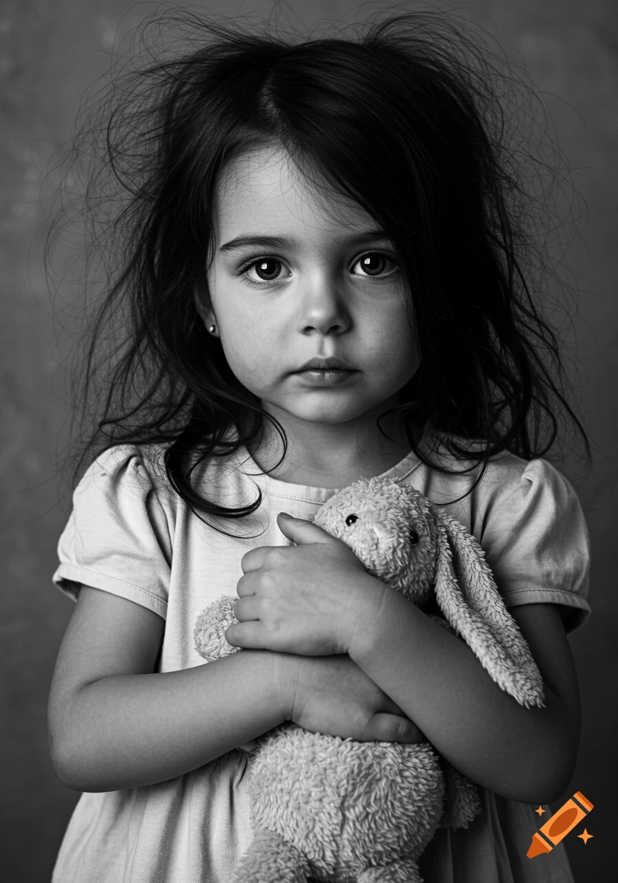 Black and white portrait of a young girl with messy hair holding a stuffed bunny.