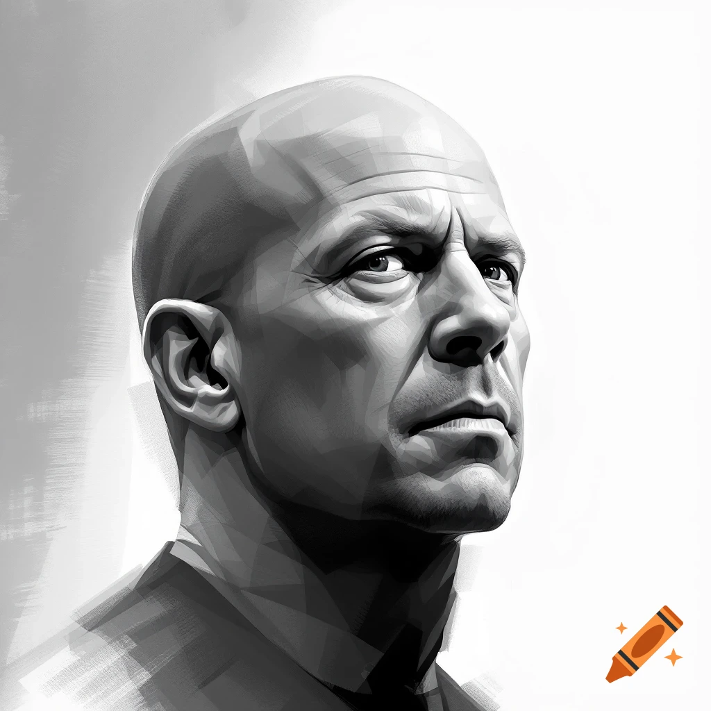 Black and white illustration of a bald man looking up and to the side.