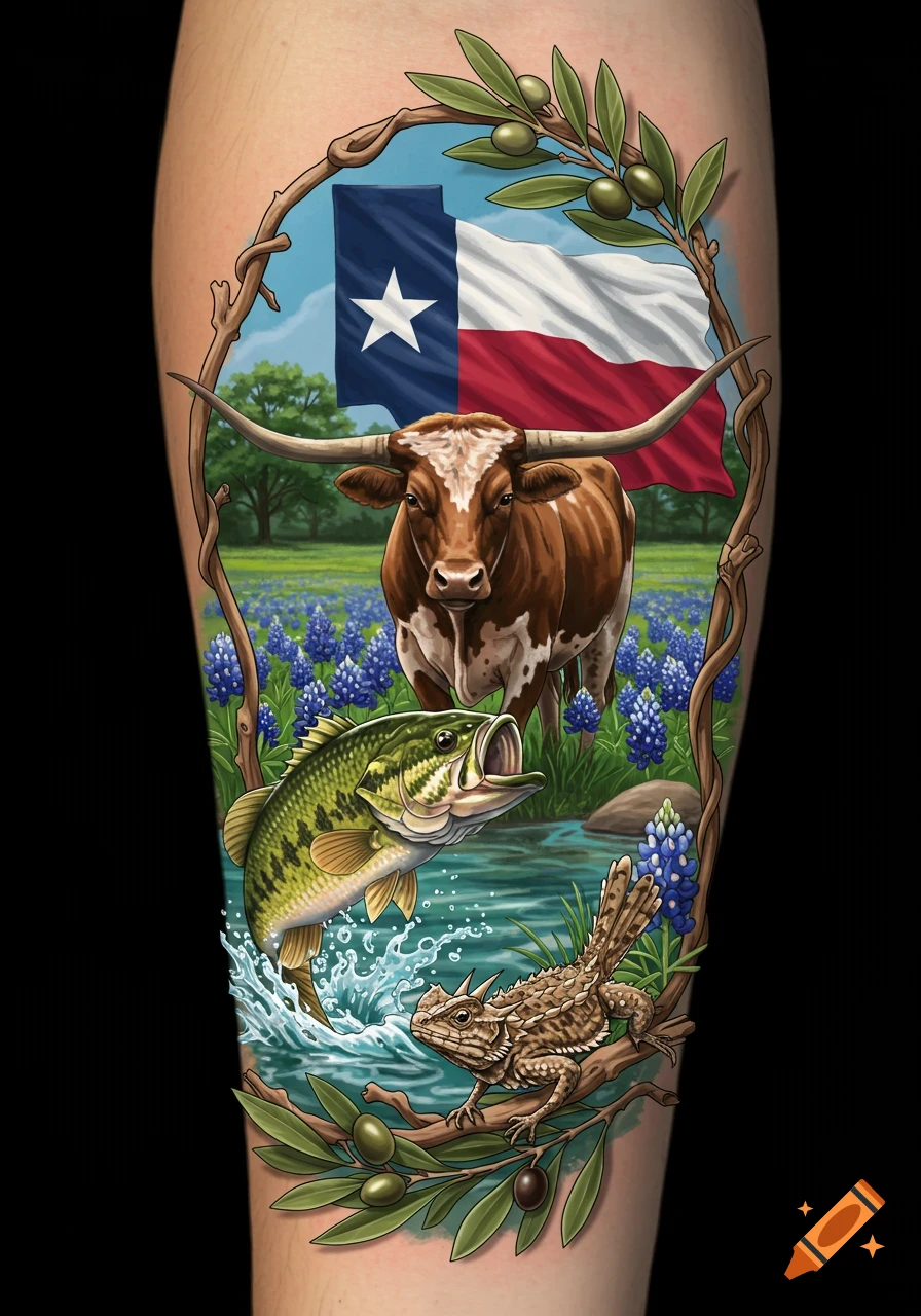 Forearm tattoo design with Texas flag, Longhorn, fish, lizard, and bluebonnets framed by branches