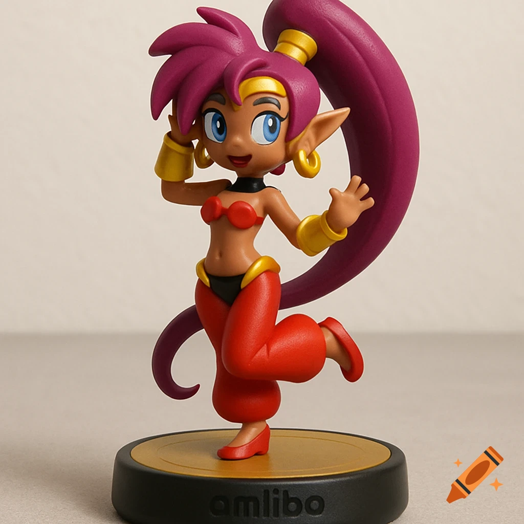A Shantae amiibo-style figurine posing on a black base.