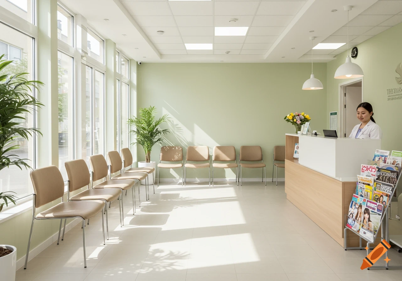 A bright waiting room in a doctor's office with rows of chairs, plants, and a receptionist desk with a woman behind it.