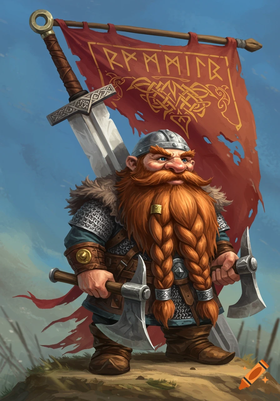 A dwarf warrior with a large braided beard holds axes, standing in ...