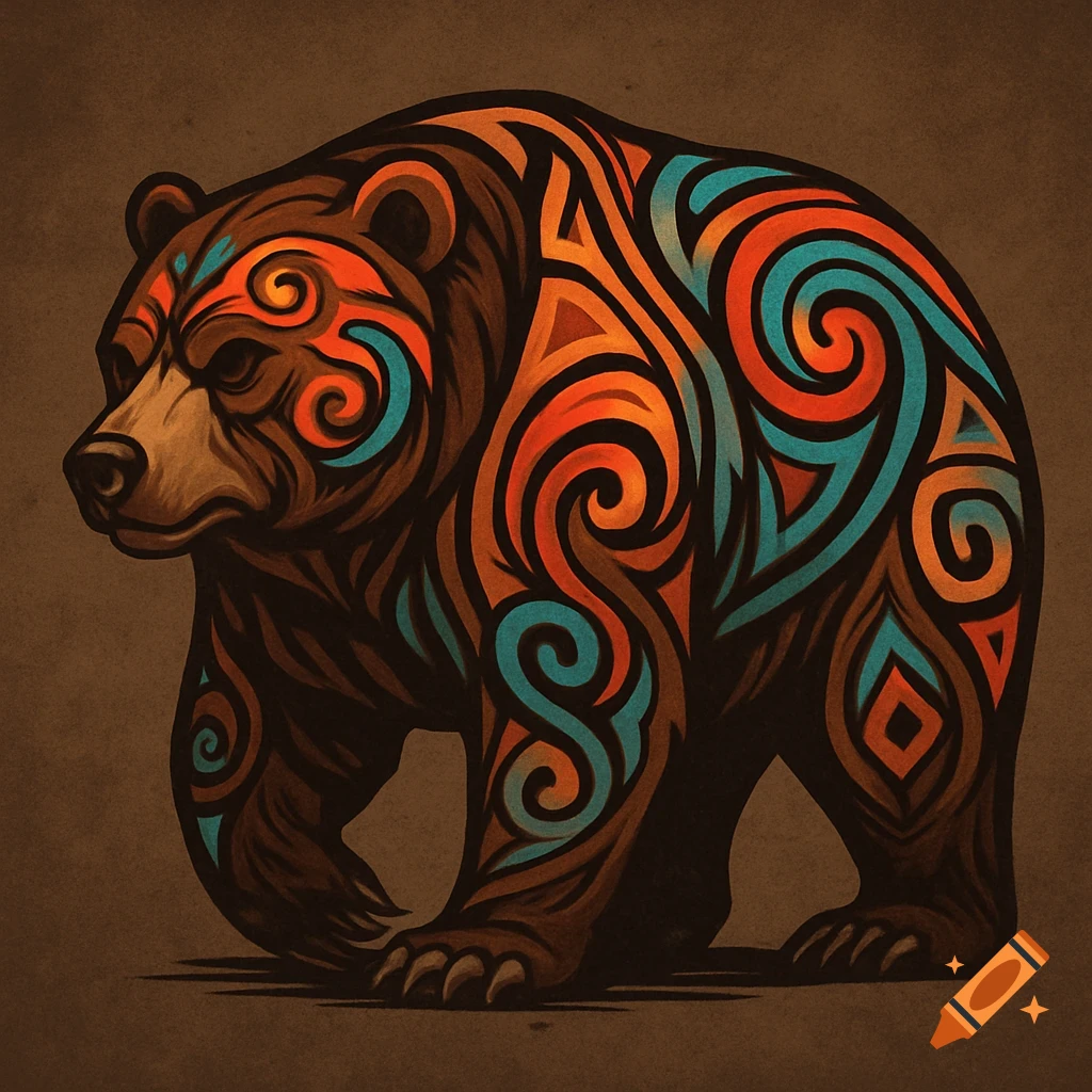 Stylized bear with orange, blue, and black tribal patterns on a brown background.