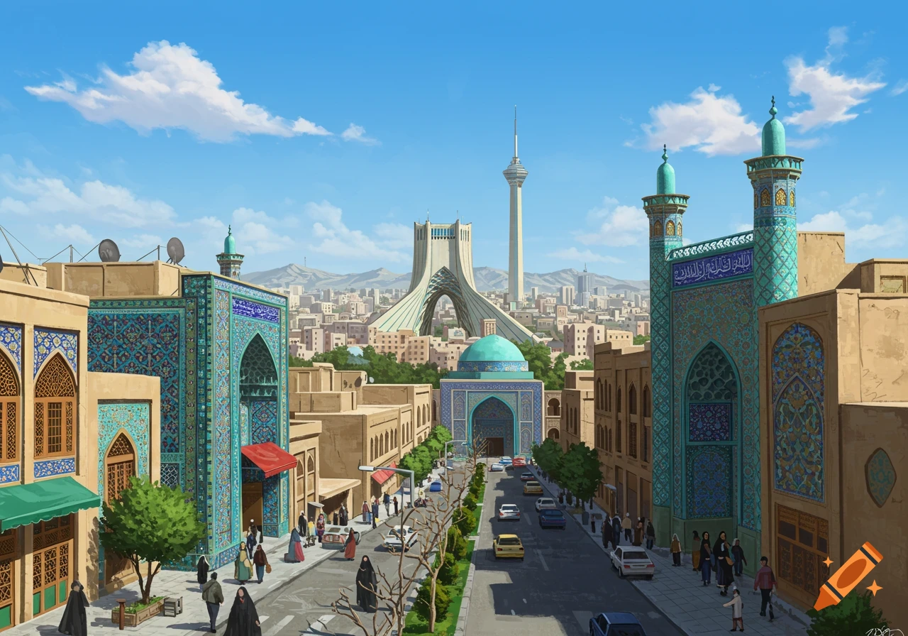 A view down a street in Tehran towards the Azadi Tower and Milad Tower, with ornate mosques and people walking.