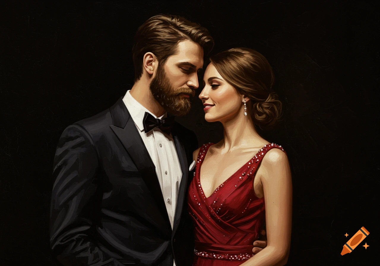 Oil painting of a formally dressed couple looking at each other against a dark background.