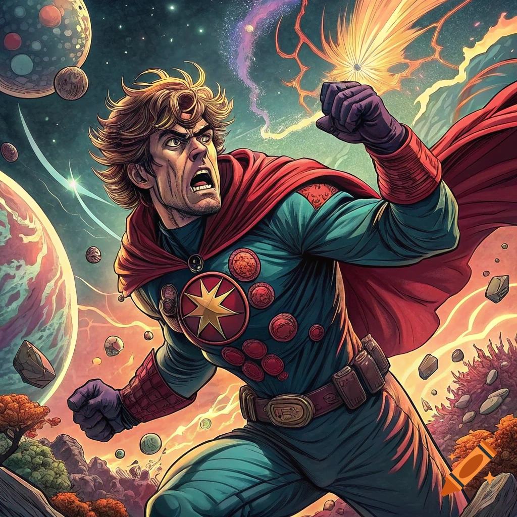 Comic art of a superhero in a red cape punching in space with planets and energy blasts.