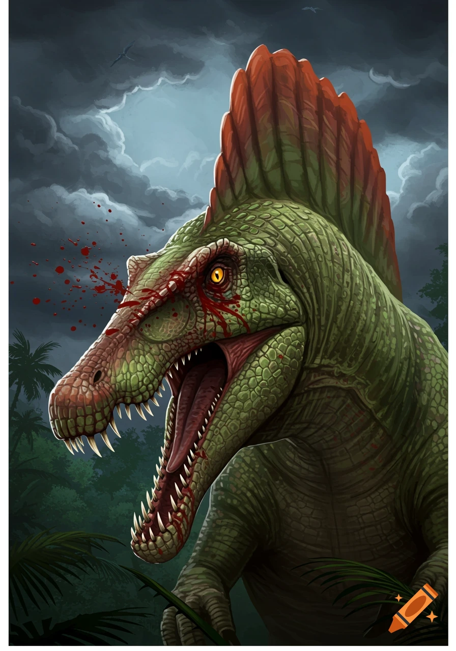 Illustration of a Spinosaurus dinosaur with blood around its eye in a jungle environment