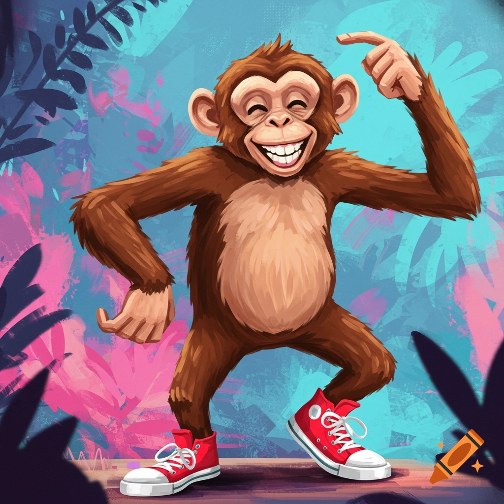 Cartoon monkey dancing in red shoes against a colorful background