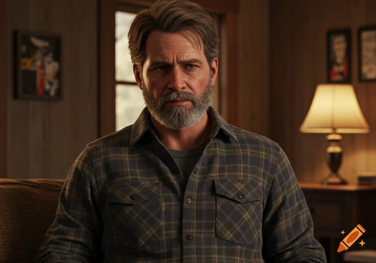Realistic portrait of a middle-aged man with a beard and plaid shirt.