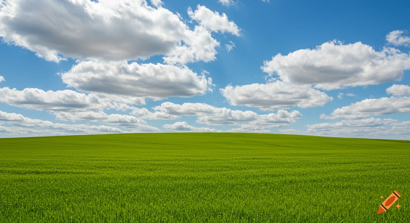 A lush green field slopes under a bright blue sky with fluffy white clouds.
