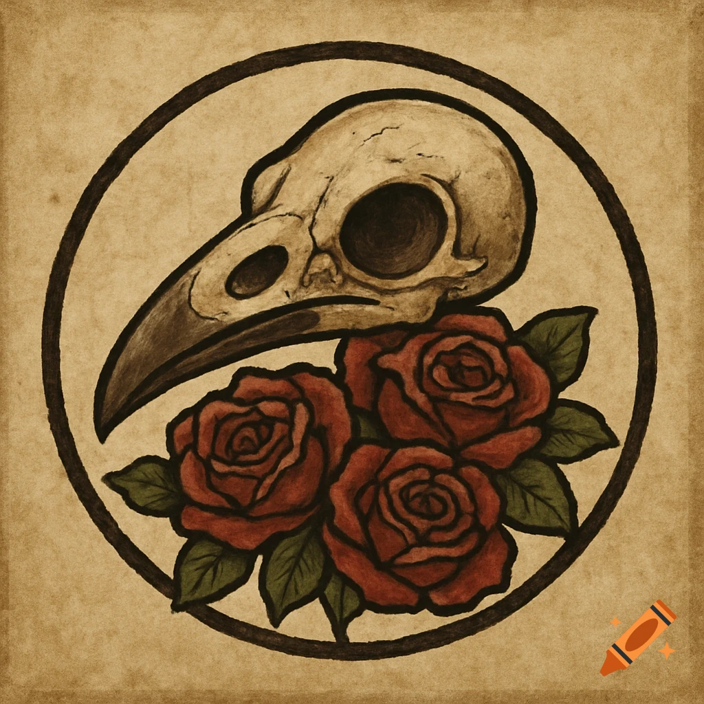 A simple logo featuring a raven skull and three red roses within a circle.