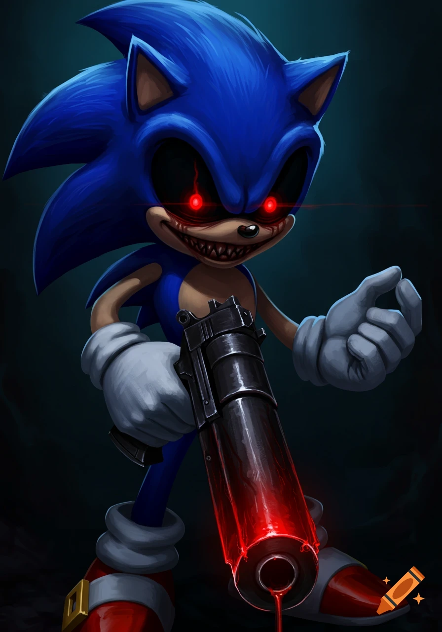 Demonic Sonic.exe with glowing red eyes and sharp teeth holds a bloody gun. Digital painting.