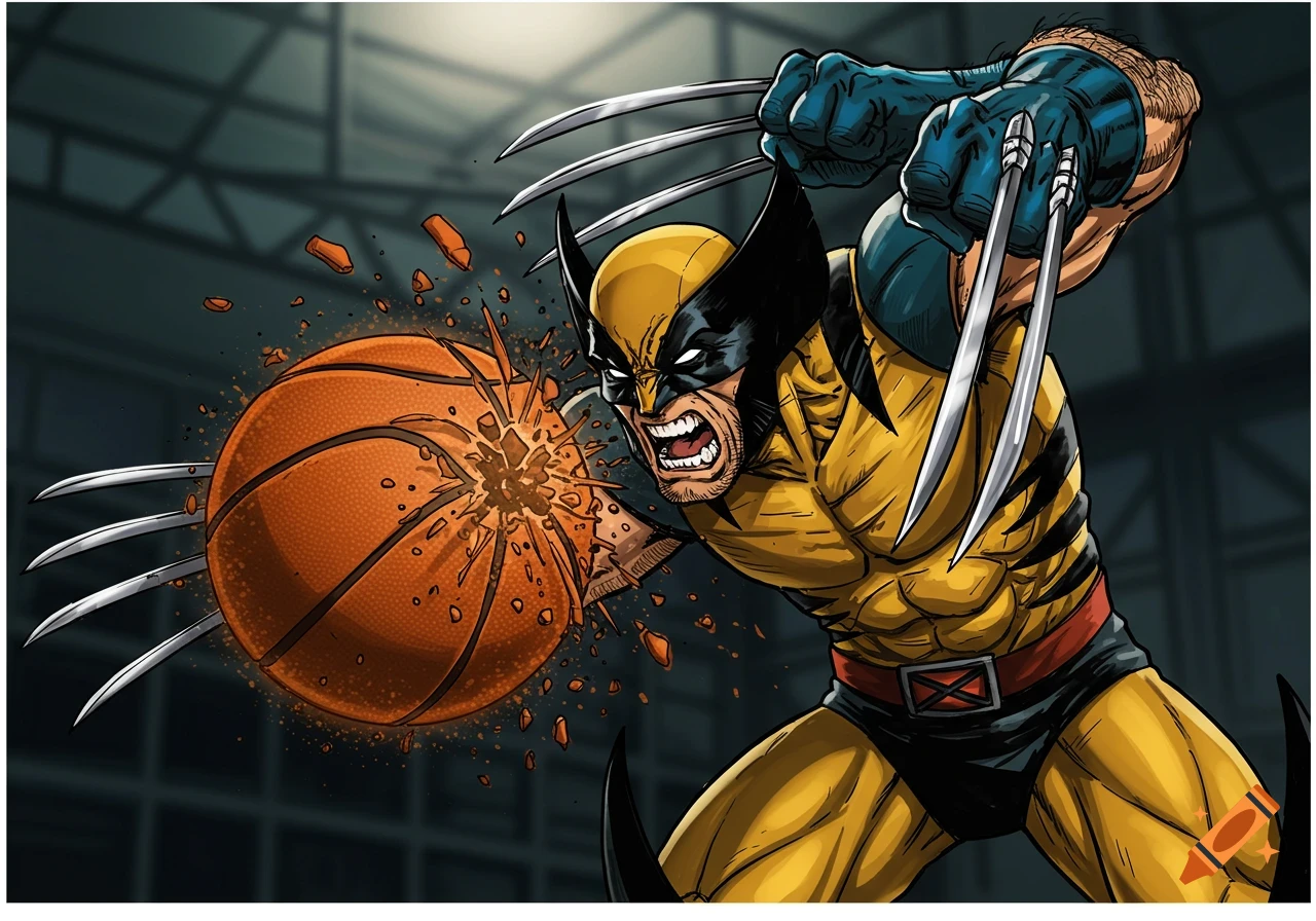 Comic art of Wolverine shredding a basketball with his claws.
