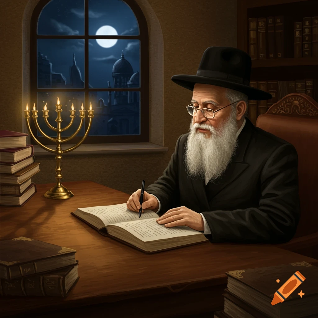 An older bearded man in a black hat writes in a book at a desk with a menorah and books by a window at night.