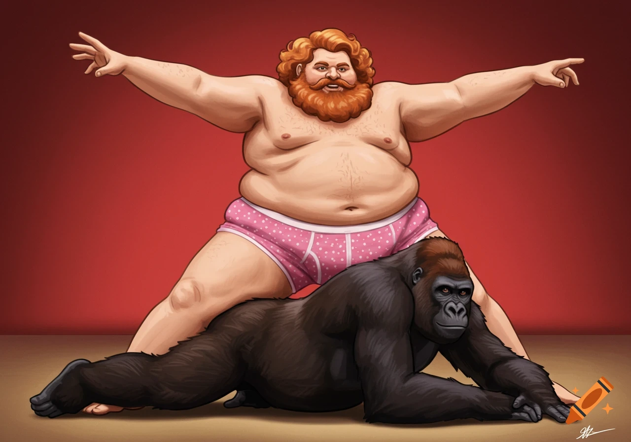Illustration of an overweight, bearded man in pink polka dot underwear in a Vitruvian Man pose, straddling a gorilla lying on the floor.