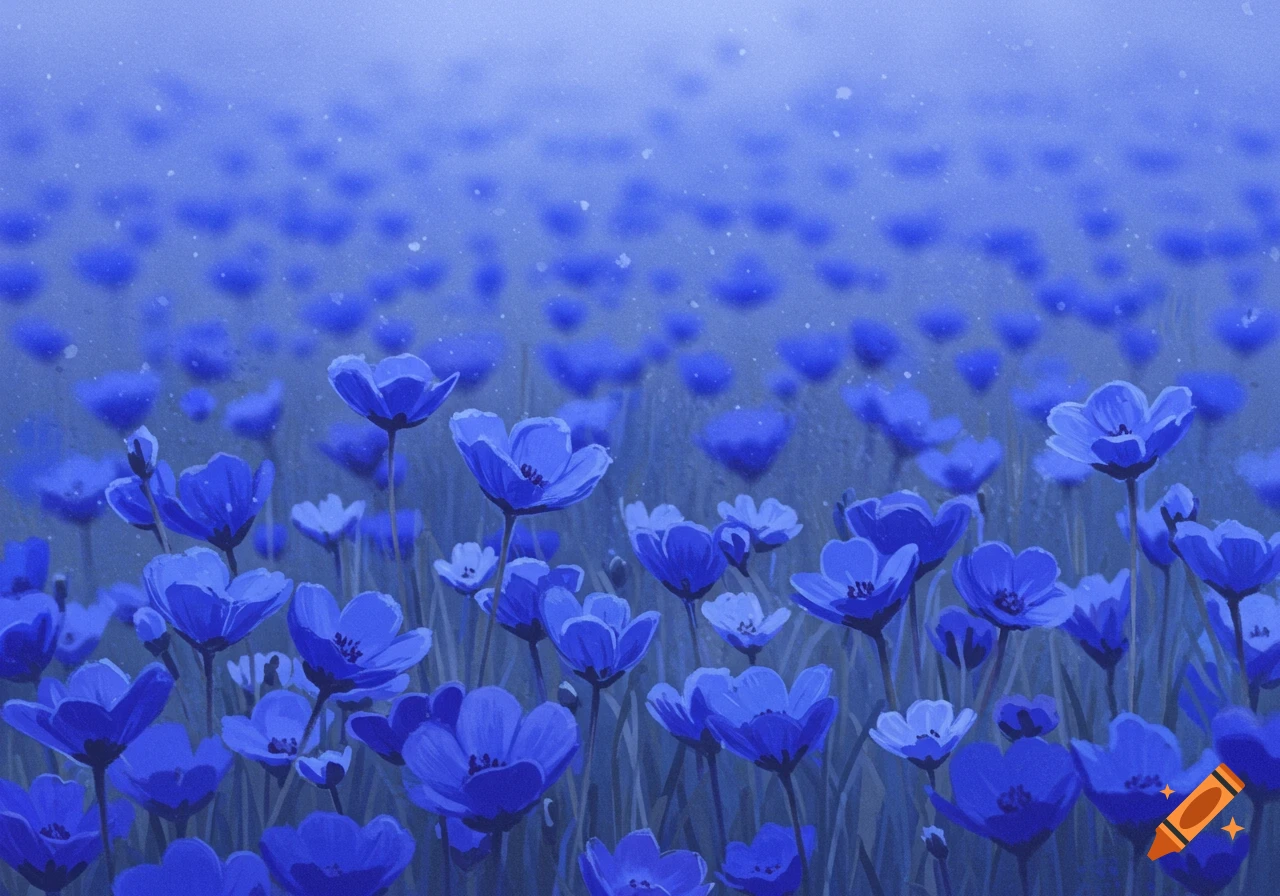 A field of blue flowers with a soft, hazy background.