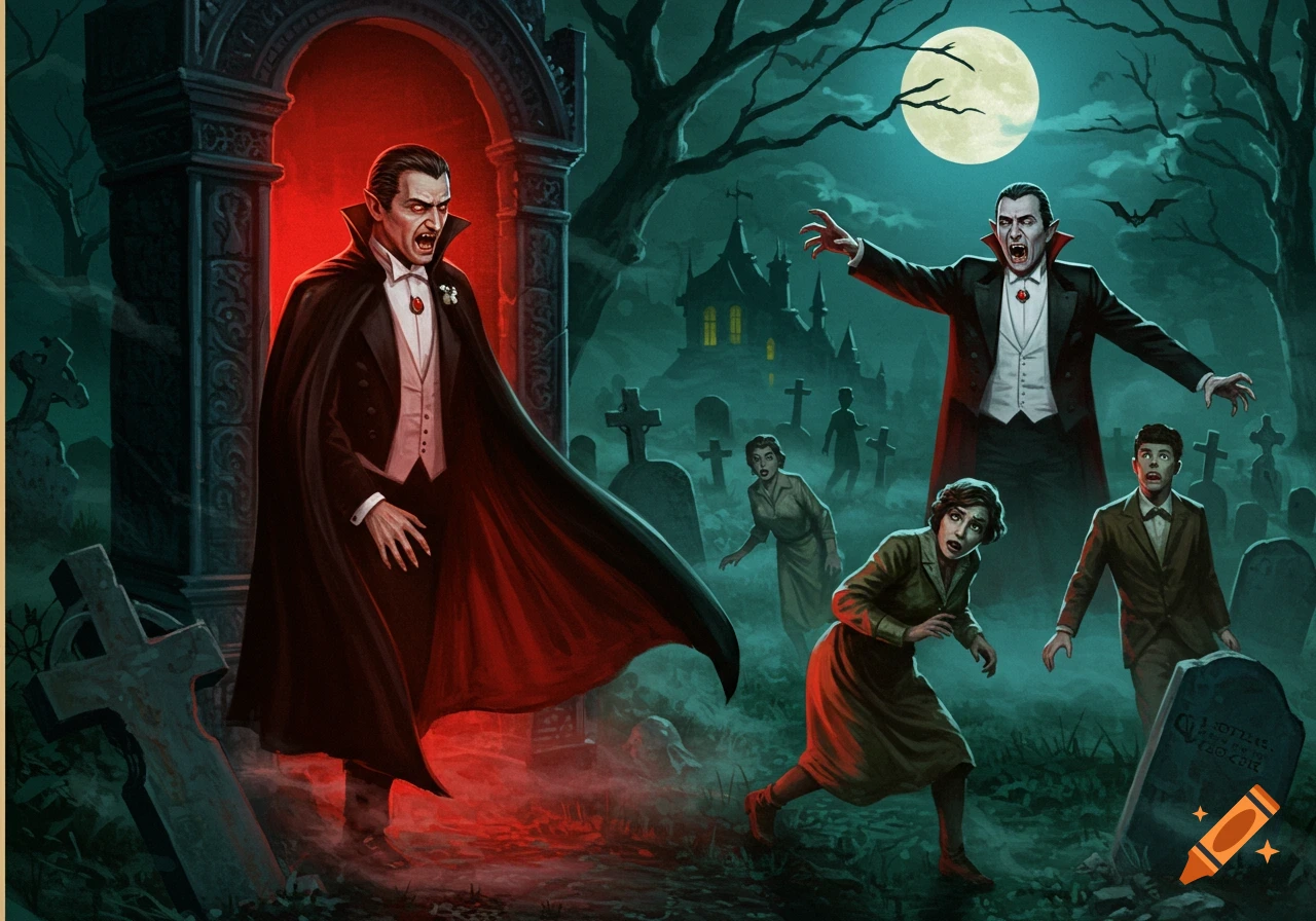 Retro horror illustration of two vampires menacing terrified people in a graveyard at night under a full moon.