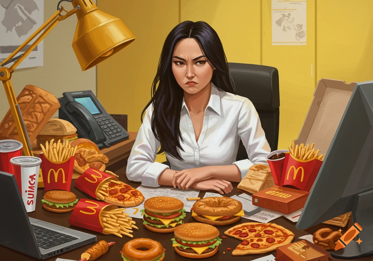 Illustration of a stressed woman at an office desk overflowing with fast food.