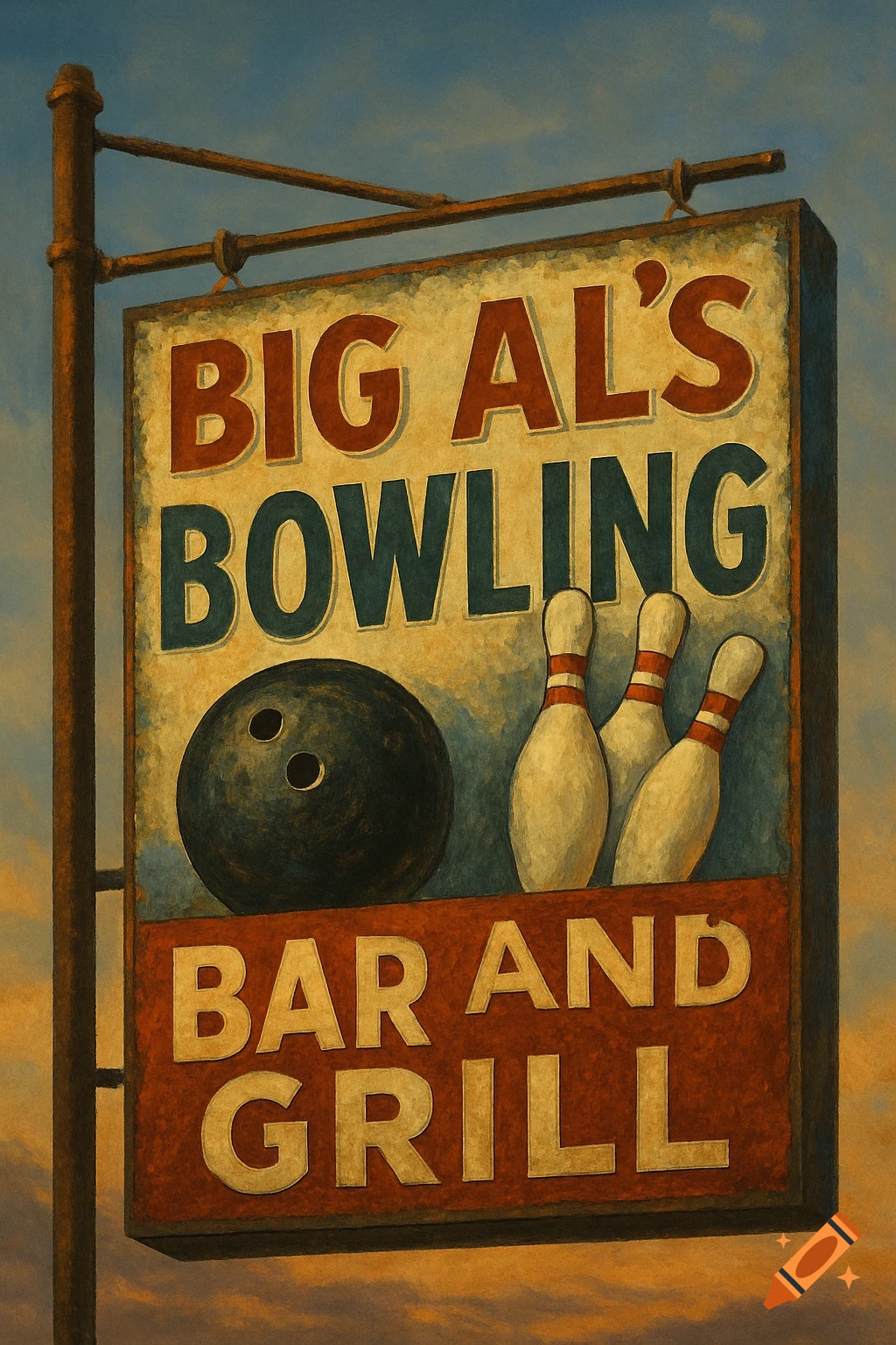 A vintage-style sign for Big Al's Bowling Bar and Grill, featuring a bowling ball and pins against a sky background.