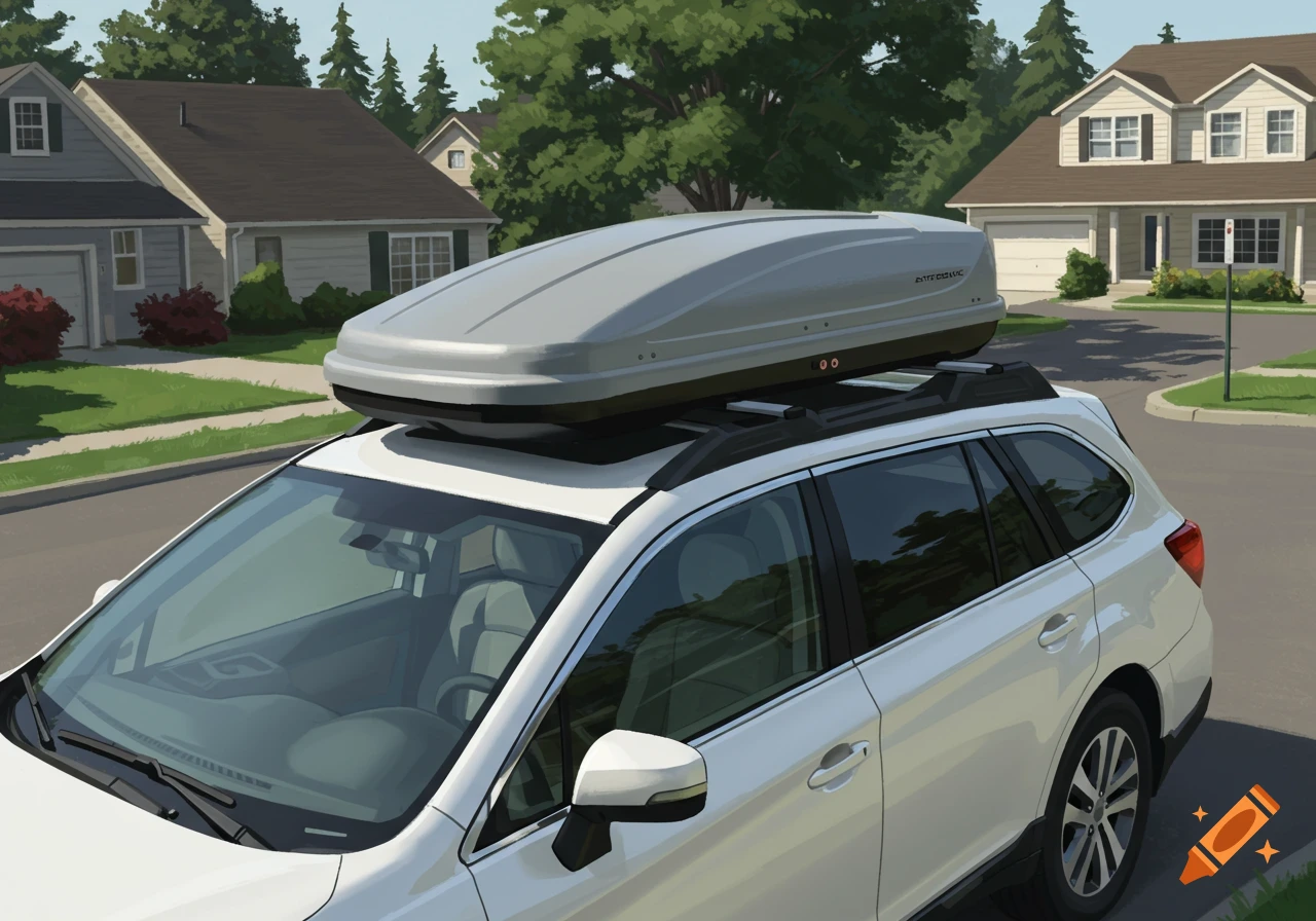 White Subaru Outback with a gray roof cargo box parked on a street in a suburban neighborhood, digital painting.