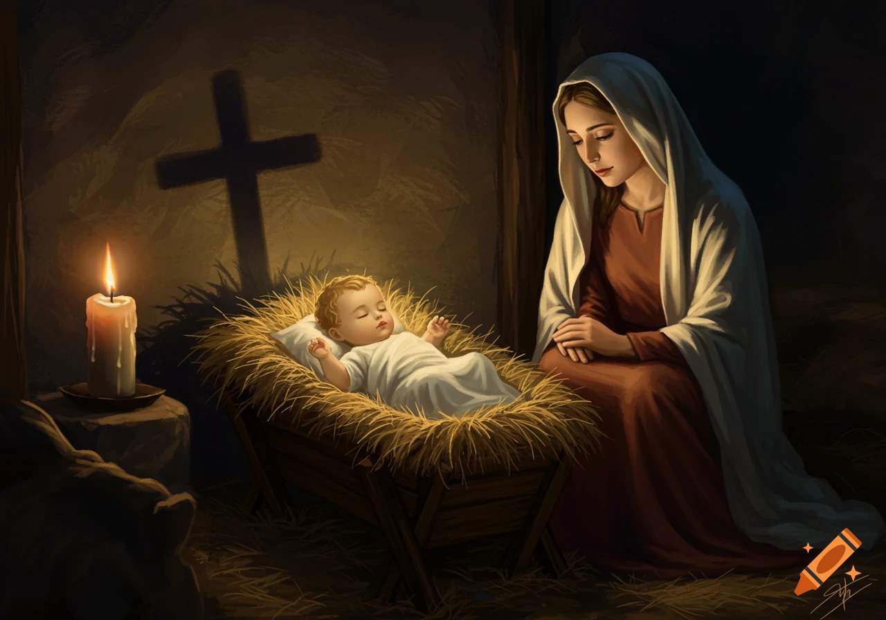 Painting of baby Jesus asleep in a manger, with Mary nearby and a candle casting a cross shadow. on Craiyon