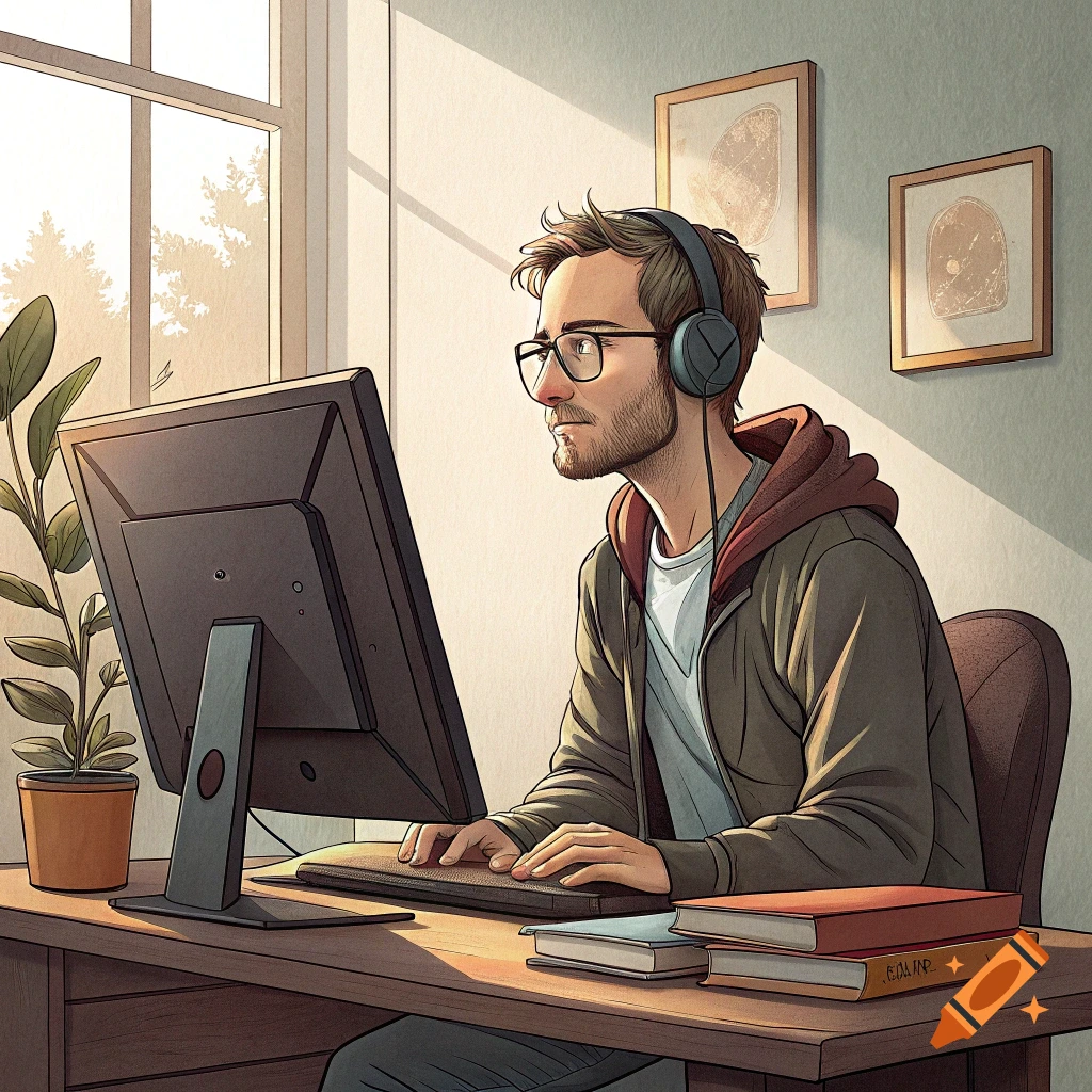 Digital art of a man with glasses and headphones typing at a computer desk.