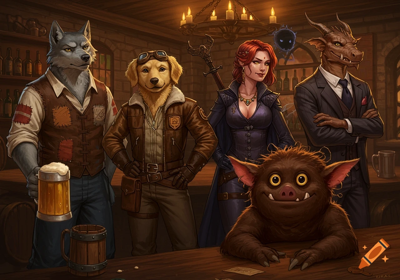 Anthropomorphic wolf, golden retriever, dragon, and furry creature pose with a woman in a dimly lit fantasy tavern.