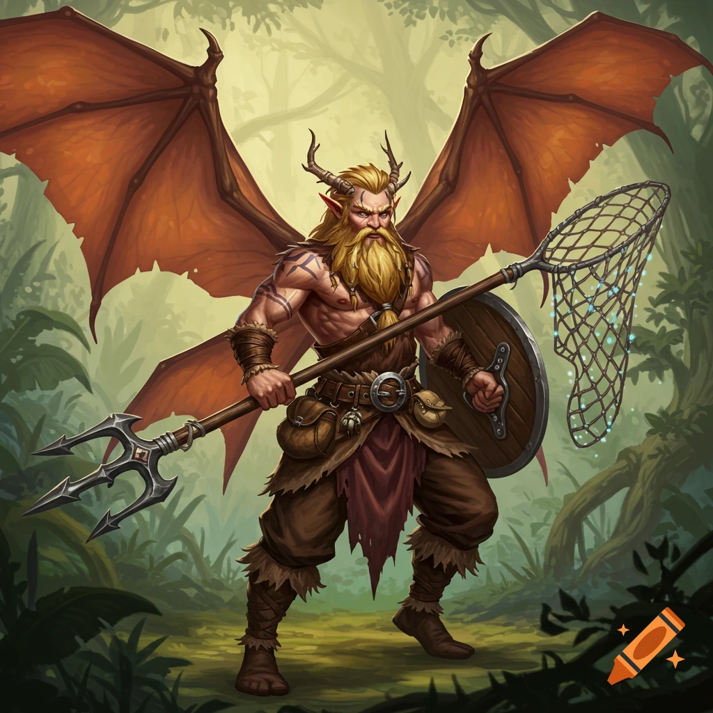 A bearded fairy barbarian with bat wings holds a trident, shield, and net in a forest