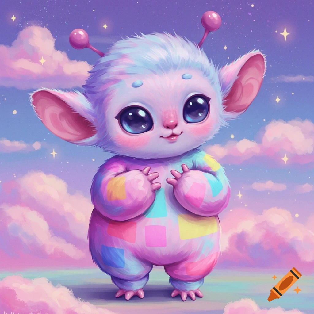 A cute, fluffy pastel alien with big eyes stands among pink clouds and stars.