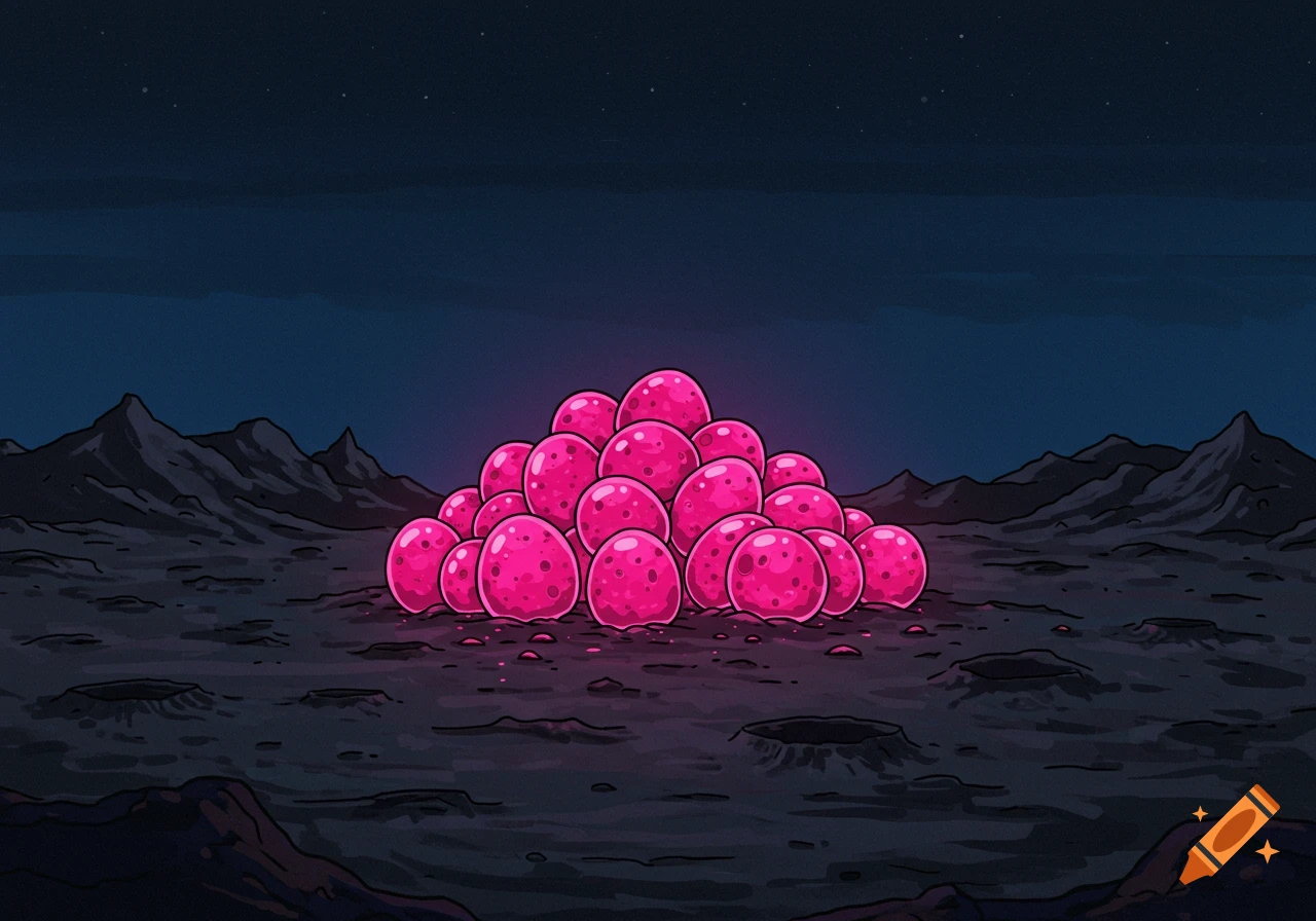 A pile of bright pink alien eggs sits on a dark, rocky alien planet under a starry night sky in a simple drawing style.