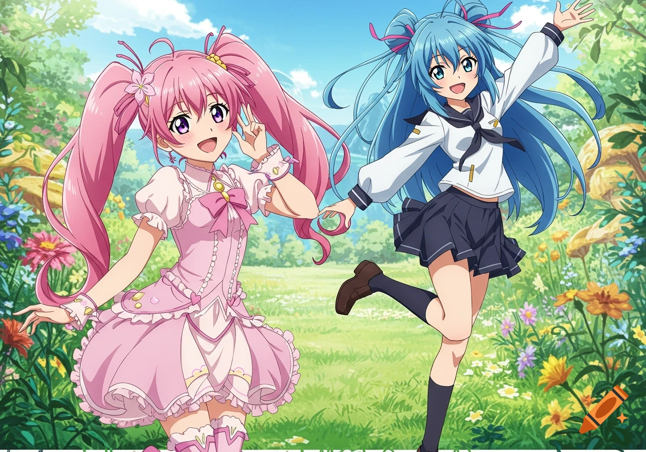Two happy anime girls in a flower field, one in a pink dress, one in a school uniform.