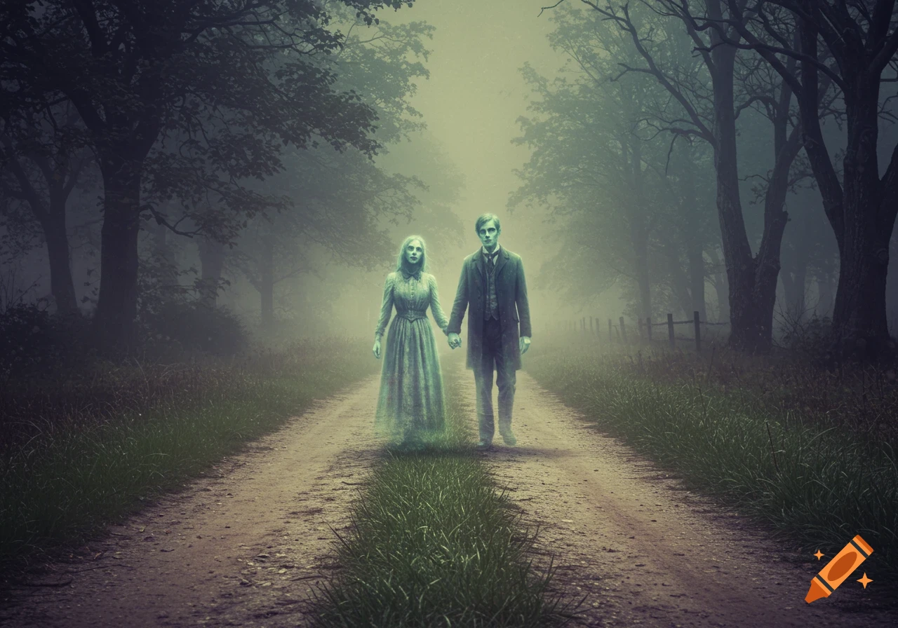 A ghostly couple walks hand-in-hand down a misty dirt road through a forest.