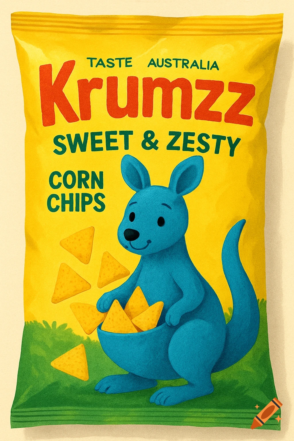 Yellow chip bag with a blue cartoon kangaroo holding corn chips, text reads 'Krumzz Taste Australia Sweet & Zesty Corn Chips'.