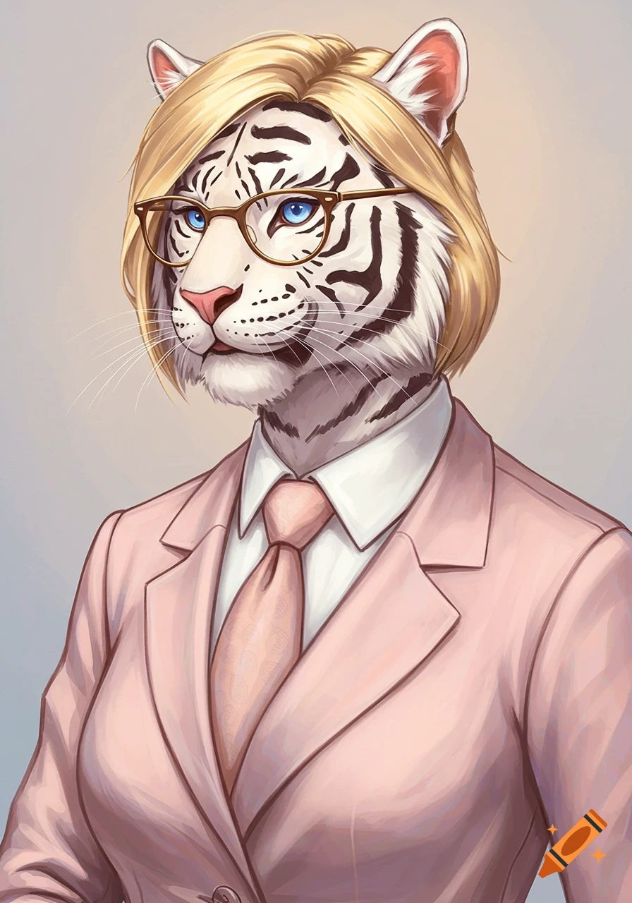 An anthropomorphic white tiger character wearing a pink suit, white shirt, pink tie, and glasses.