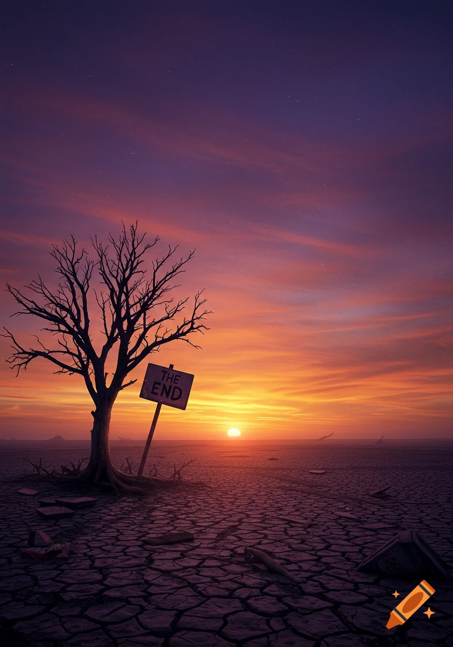 A dead tree stands beside a sign reading "THE END" in a cracked, dry landscape under a dramatic purple and orange sunset.