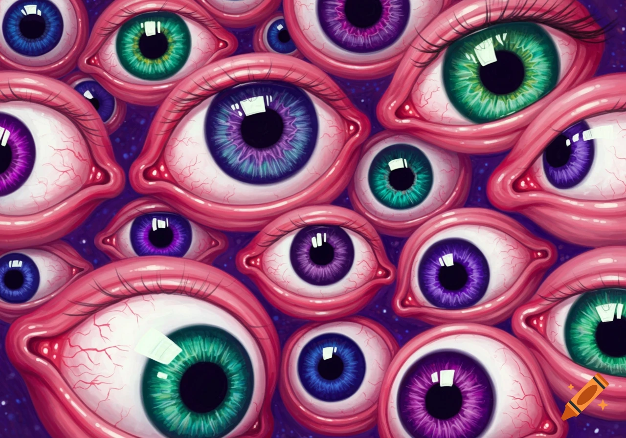 Close-up pattern of colorful eyeballs with purple, green, and blue irises.