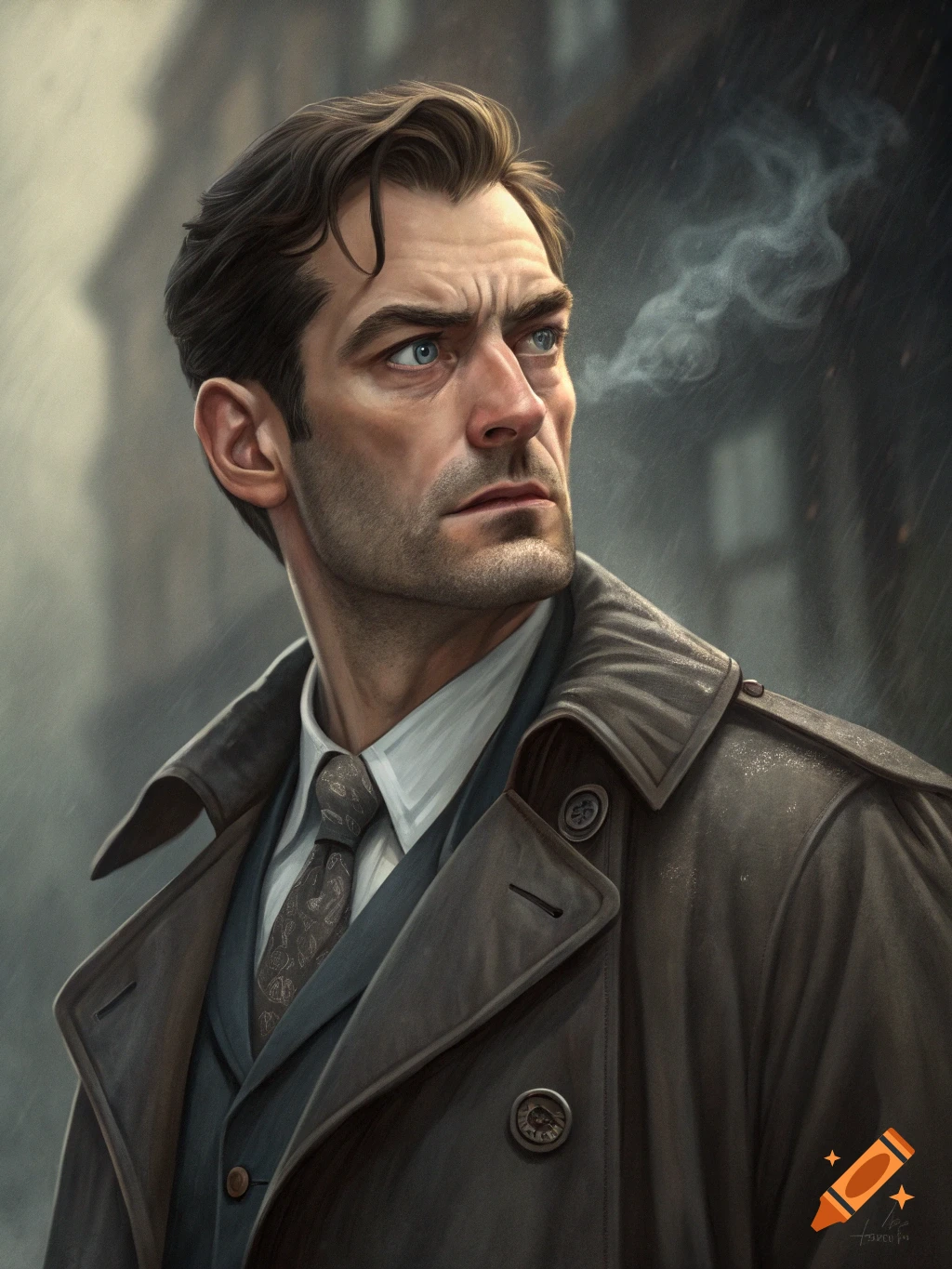 Portrait of a rugged man in a trench coat smoking in the rain, noir style