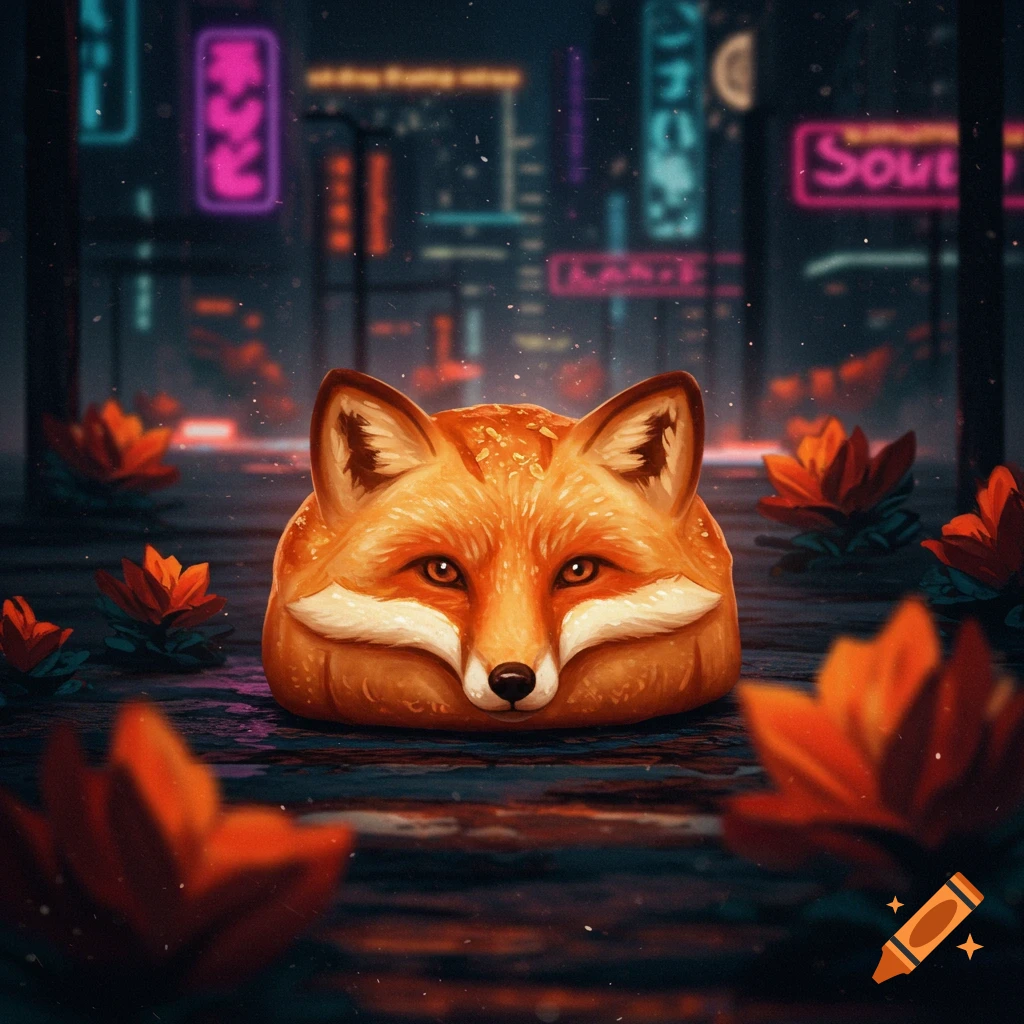 A cartoon-like fox face made of bread in a dark, rainy city with neon signs and orange flowers.