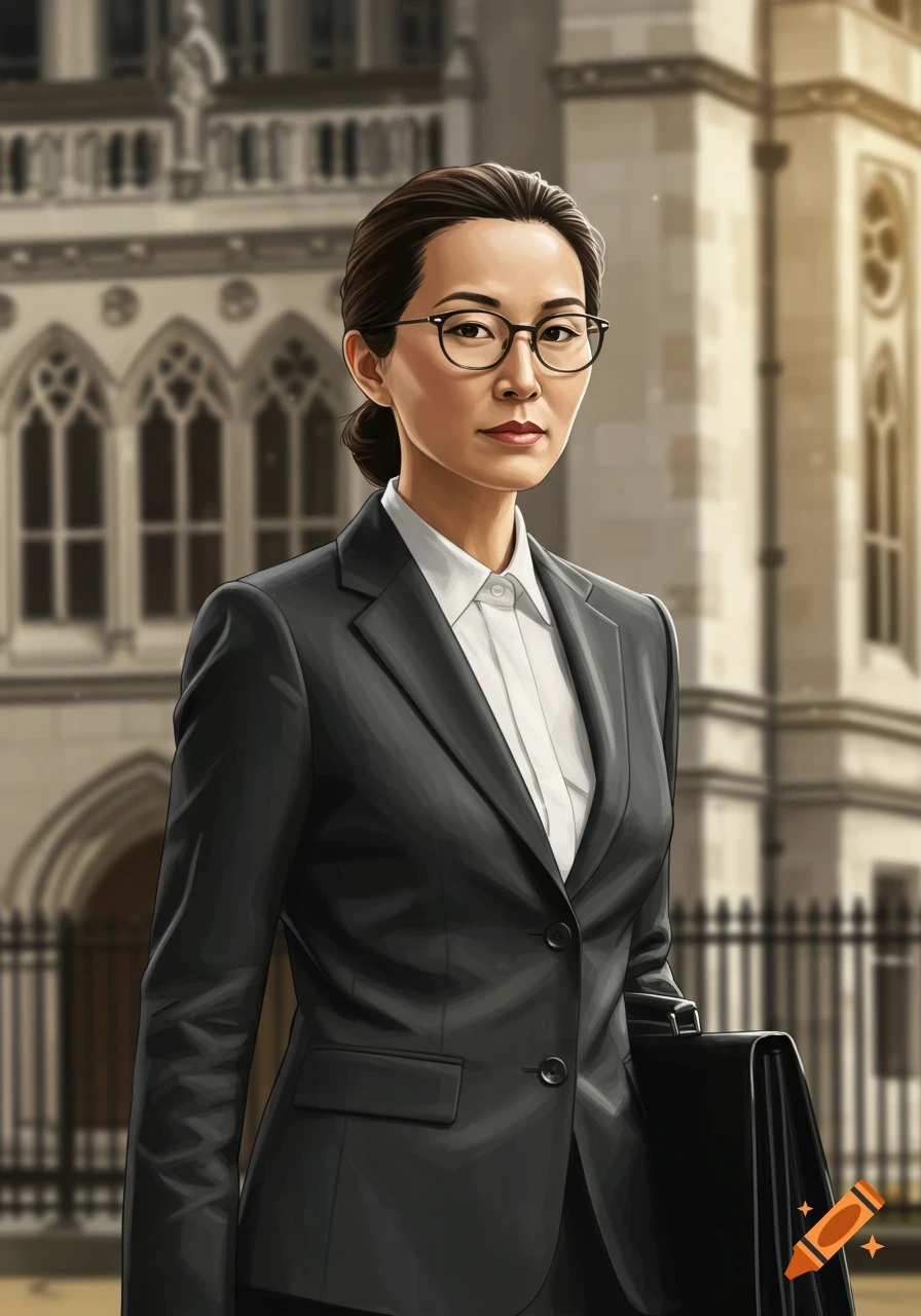 A woman in a suit stands in front of a large building.