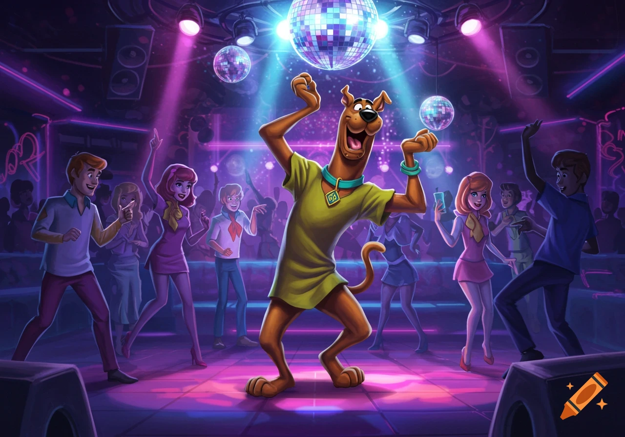 Scooby Doo and friends dance in a neon-lit nightclub