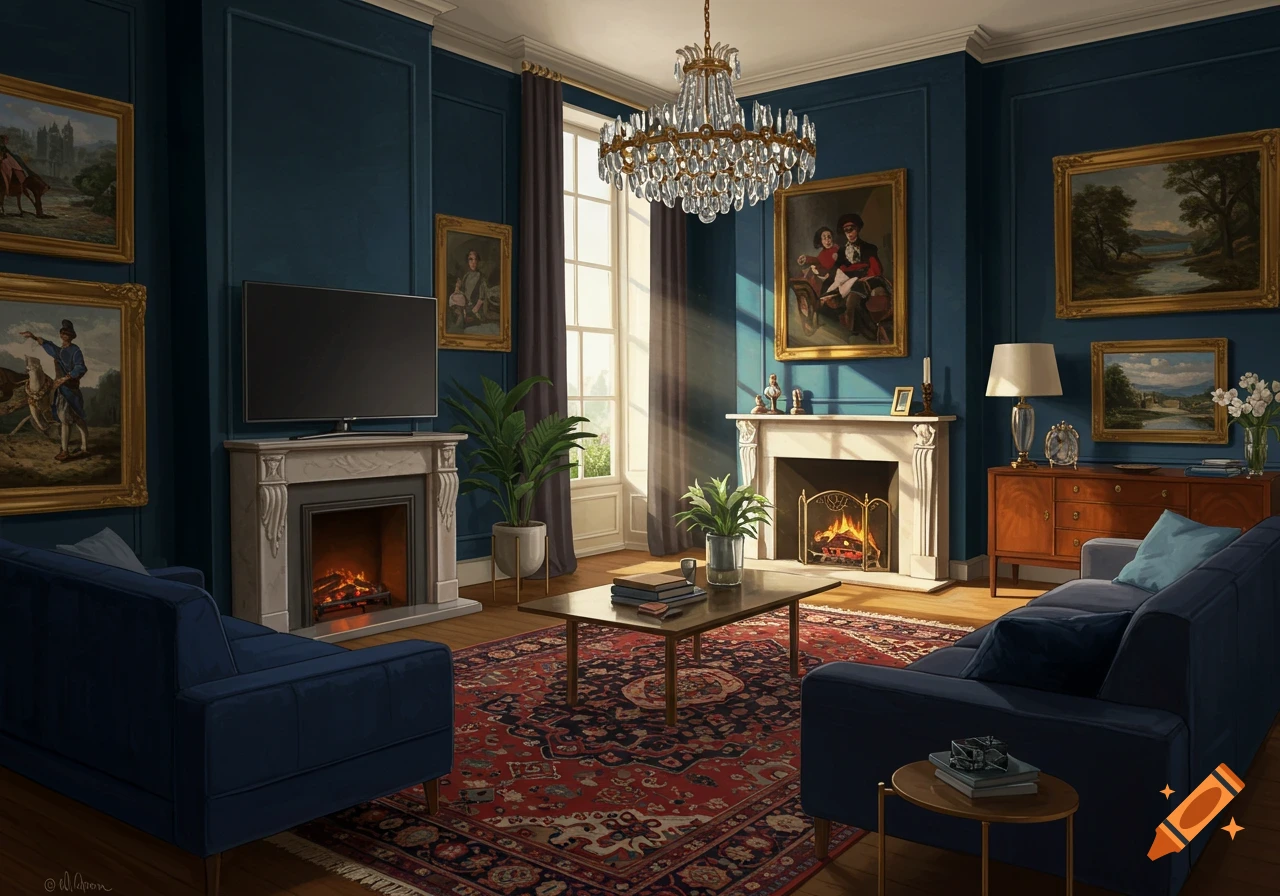 A luxurious living room with blue walls, two fireplaces, blue couches, a coffee table, chandelier, and paintings.