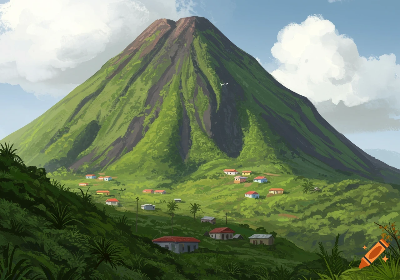 An illustration of a lush green volcano towering over a small village nestled in a valley.