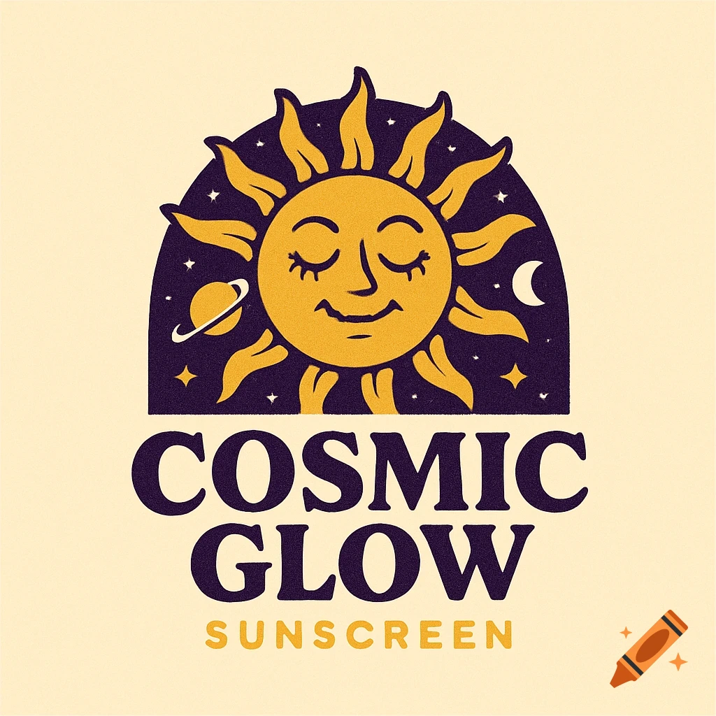 Logo for Cosmic Glow Sunscreen with a smiling sun, planet, and stars in a stylized illustration.