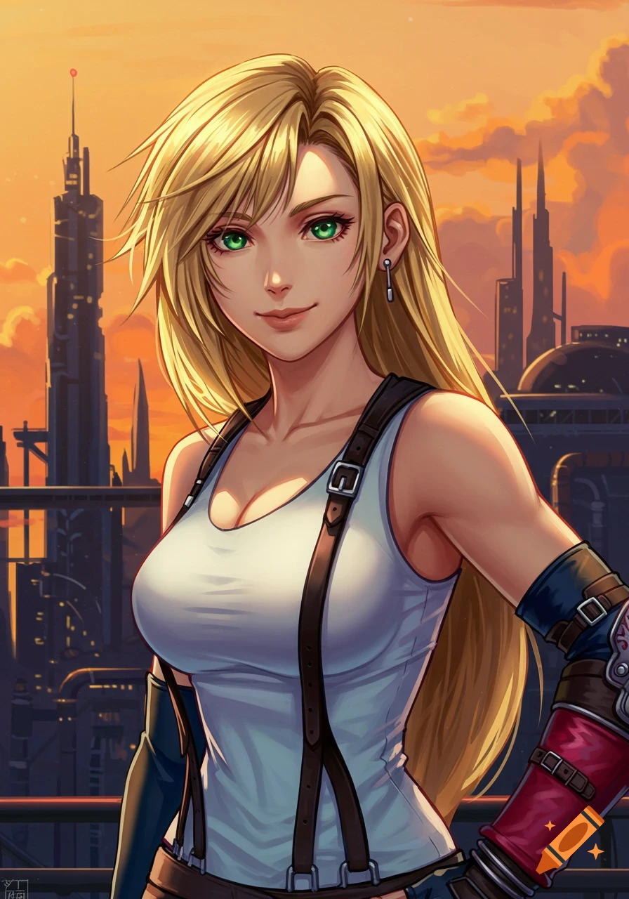 Anime portrait of a blonde woman with green eyes in a white tank top and suspenders, against a sci-fi city sunset.