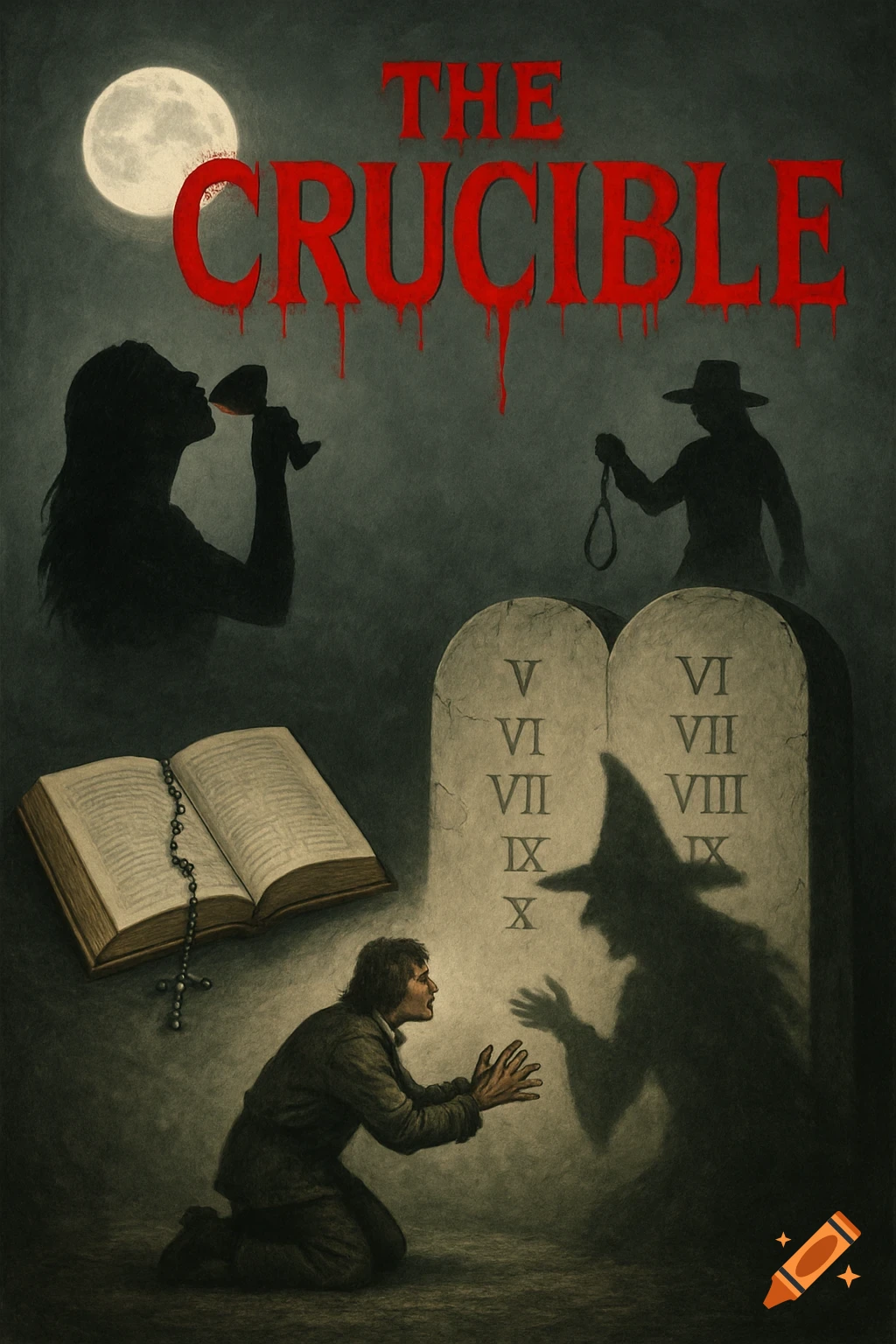 Dark illustration movie poster for The Crucible with silhouettes, book, tablets, kneeling figure under a moon, and dripping red title.