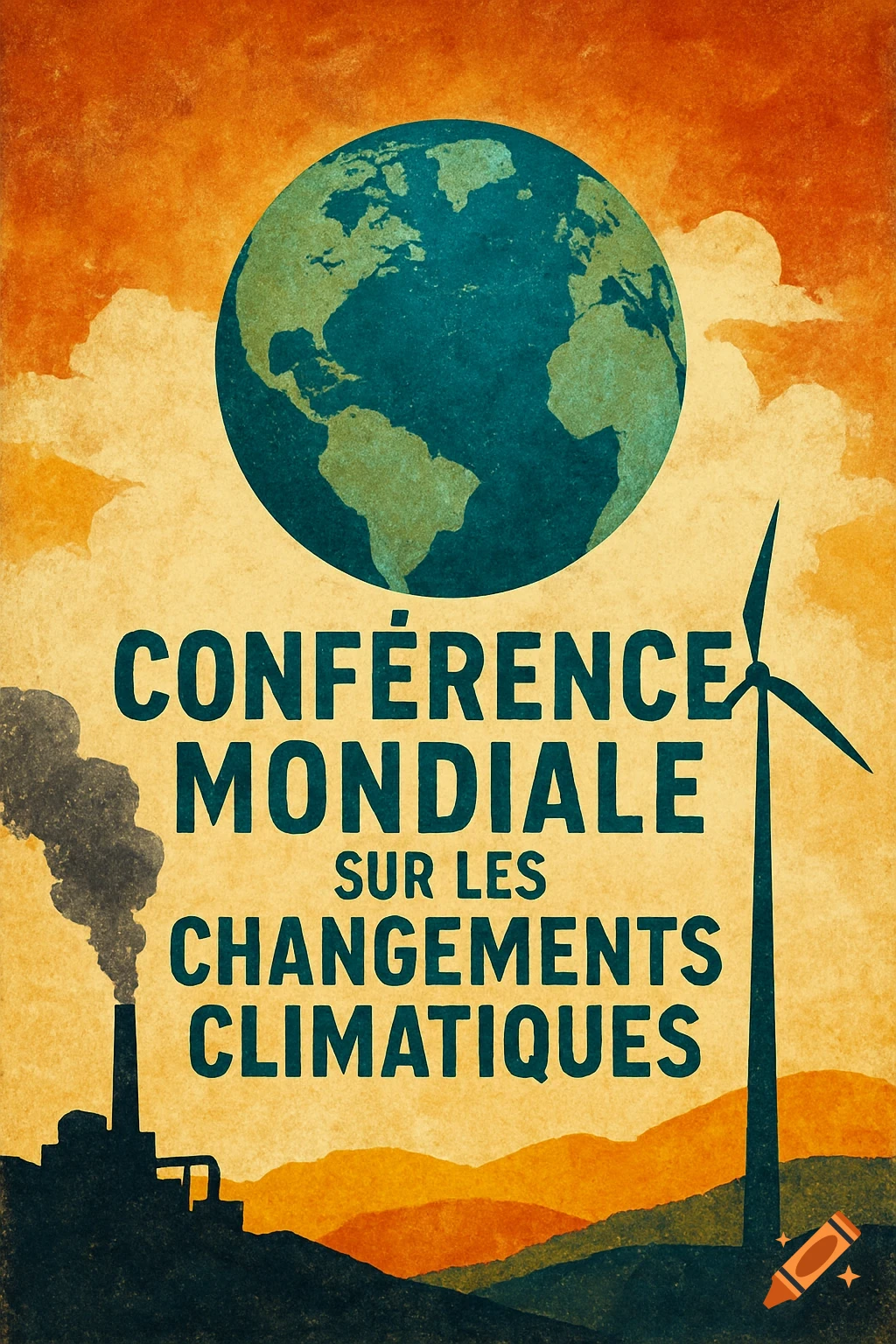 Vintage style poster about climate change with globe, factory, wind turbine, and French text.